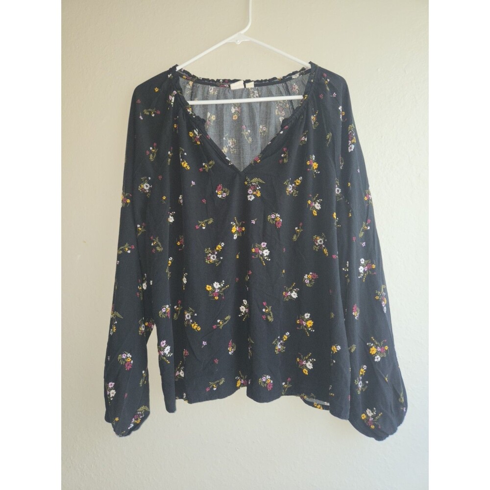 GAP Women's XL Black Floral Long Sleeve V-Neck Blouse Top Boho Viscose